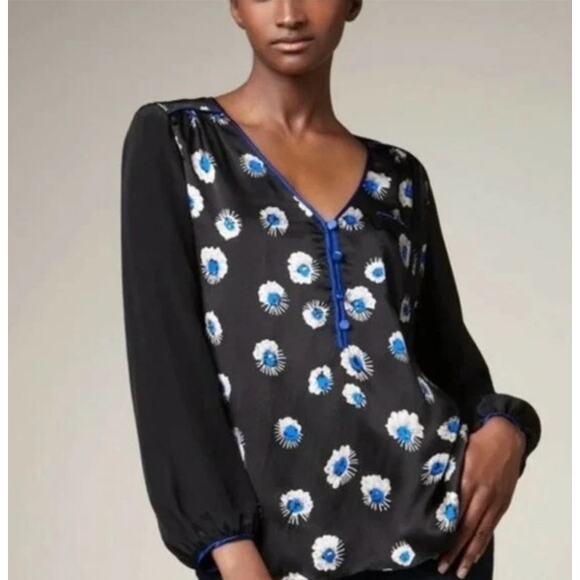 Rebecca Taylor blouse Women's 2 Black Cobalt Starflower Floral Silk Boho Peasant - Picture 1 of 8
